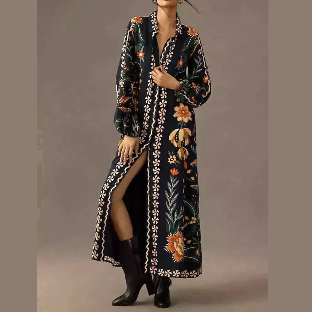 Farm Rio Floral Long-Sleeve Button-Front Midi Shirt Dress Black Motif Floral XS